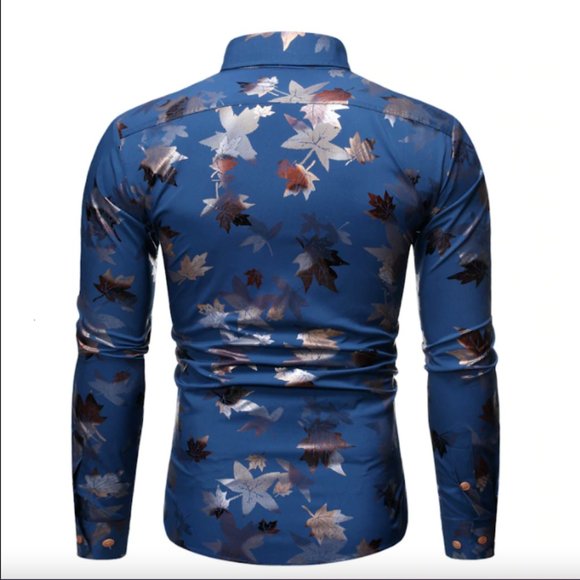 Men Blue Long Sleeve Silk Floral Autumn Printed Shirt Size L - Picture 3 of 4